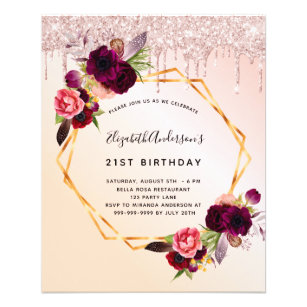 Sweet 16 rose gold drips floral budget invitation flyer