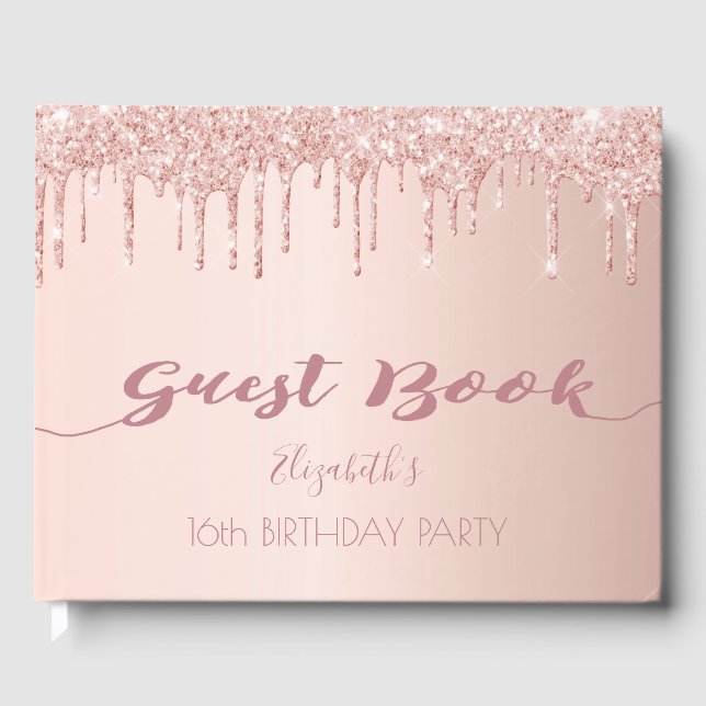 Sweet 16 rose gold drips pink guest book (Front)