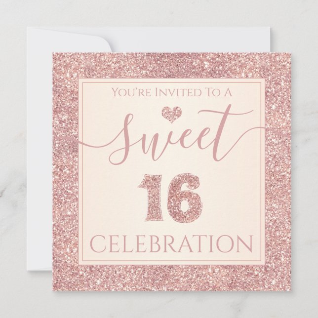 Sweet 16 Rose Gold Faux Glitter Birthday Party Invitation (Front)