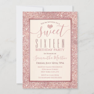 Sweet 16 Rose Gold Faux Glitter Birthday Party Invitation