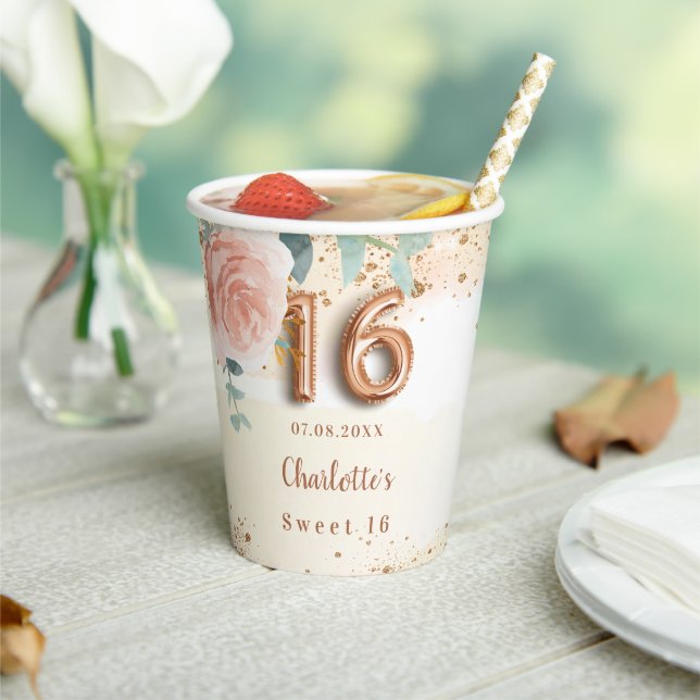 Sweet 16 rose gold florals paper cups (Insitu)