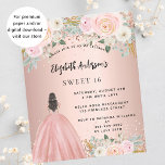 Sweet 16 rose gold flowers dress budget invitation flyer<br><div class="desc">Please note that this invitation is on flyer paper and very thin. Envelopes are not included. For thicker invitations (same design) please visit our store. A modern, stylish and glamourous invitation for a Sweet 16, 16th birthday party. A rose gold background with blush pink flowers, a girl wearing a ball...</div>