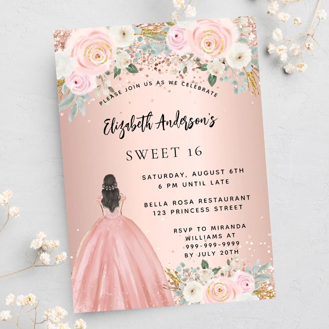 Sweet 16 rose gold flowers dress luxury invitation (Creator Uploaded)