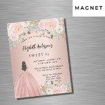 Sweet 16 rose gold flowers dress luxury magnetic invitation<br><div class="desc">A modern,  stylish and glamourous invitation for a Sweet 16,  16th birthday party.  A rose gold background with blush pink flowers,  a girl wearing a ball gown.  The name is written with a modern hand lettered style script.  Personalise and add your party details.</div>