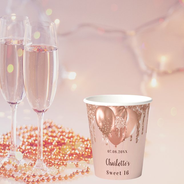 Sweet 16 rose gold glitter balloons 16th birthday paper cups (Creator Uploaded)
