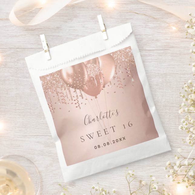 Sweet 16 rose gold glitter balloons monogram 16th favour bag (Clipped)
