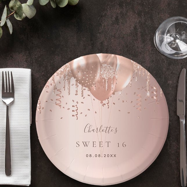 Sweet 16 rose gold glitter balloons monogram 16th paper plate (Creator Uploaded)