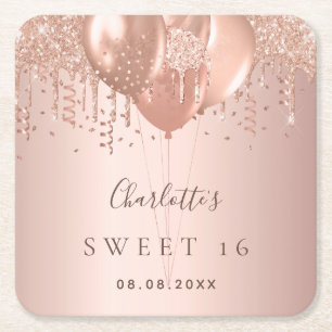 Sweet 16 rose gold glitter balloons monogram 16th square paper coaster