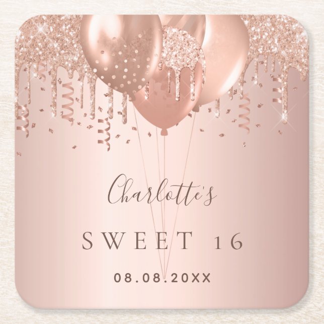 Sweet 16 rose gold glitter balloons monogram 16th square paper coaster (Front)