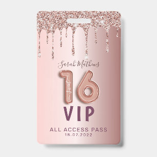 Sweet 16 Rose Gold Glitter Birthday Invitation  ID Badge