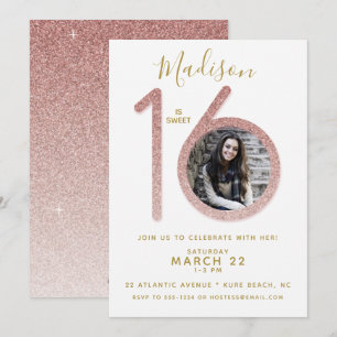 Sweet 16 Rose Gold Glitter Birthday Photo Invitation