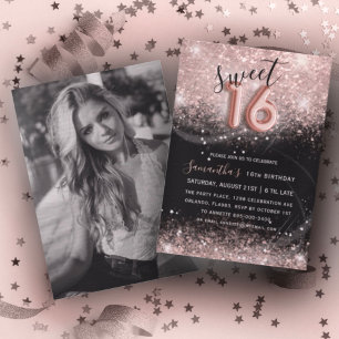 Sweet 16 Rose Gold Glitter & Black Party Invitation