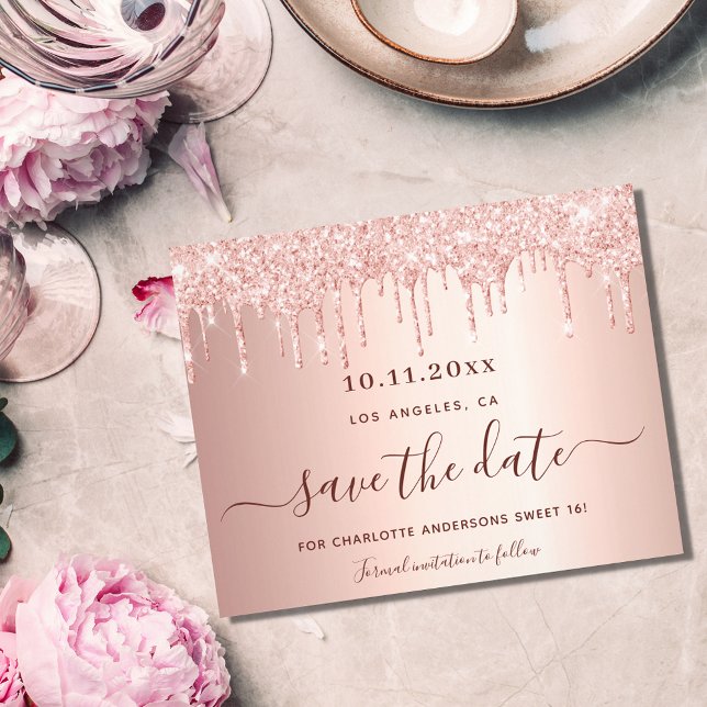 Sweet 16 rose gold glitter budget Save the Date Flyer (Creator Uploaded)