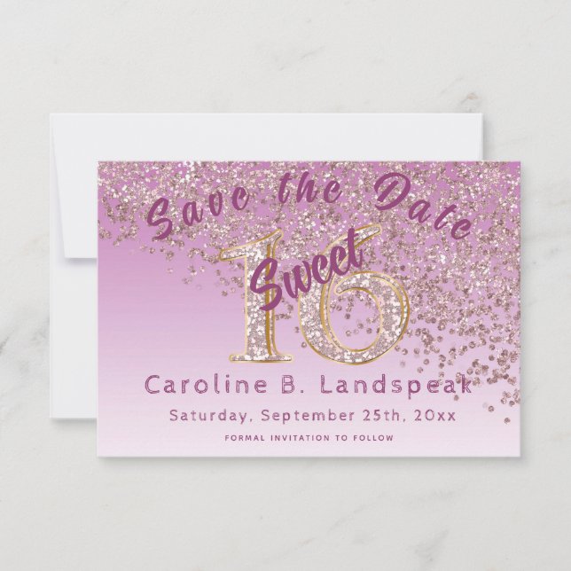 Sweet 16 Rose Gold Glitter Chic Glitter Number 16 Save The Date (Front)
