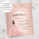 Sweet 16 rose gold glitter dress budget invitation<br><div class="desc">A modern, stylish and glamourous invitation for a Sweet 16, 16th birthday party. A rose gold background with faux gold glitter dust, a girl wearing a ball gown. The name is written with a modern hand lettered style script. Personalise and add your party details. 1 sheet = 1 invitation printed...</div>