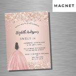 Sweet 16 rose gold glitter dress luxury magnetic invitation<br><div class="desc">A modern,  stylish and glamourous magnetic invitation for a Sweet 16,  16th birthday party.  A rose gold background with faux gold glitter dust,  a girl wearing a ball gown.  The name is written with a modern hand lettered style script.  Personalise and add your party details.</div>
