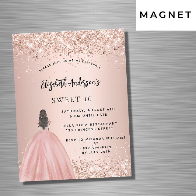 Sweet 16 rose gold glitter dress luxury magnetic invitation (Creator Uploaded)