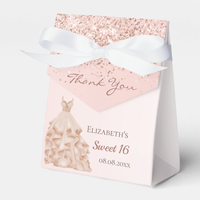 Sweet 16 rose gold glitter dress thank you party favour box (Front Side)