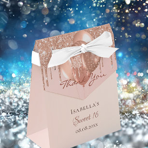 Sweet 16 rose gold glitter drip balloons thank you favour box