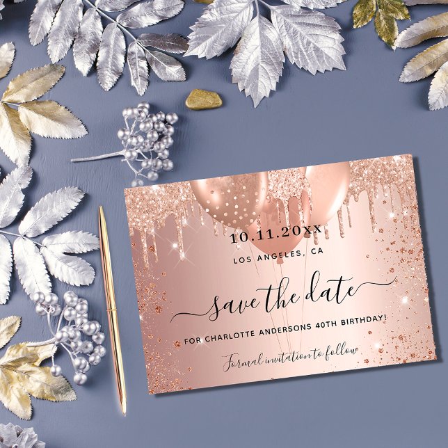 Sweet 16 rose gold glitter drips balloons save the date (Creator Uploaded)