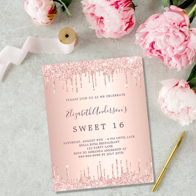 Sweet 16 rose gold glitter drips budget invitation flyer (Creator Uploaded)