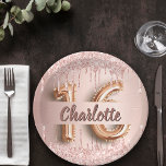 Sweet 16 rose gold glitter drips name paper plate<br><div class="desc">For a girly and glamorous Sweet 16, 16th birthday party. A rose gold faux metallic looking background with faux glitter drips, paint dripping look. Personalize and add a name. The name is written in dark rose gold with a modern hand lettered style script. Number 16 is written with a balloon...</div>