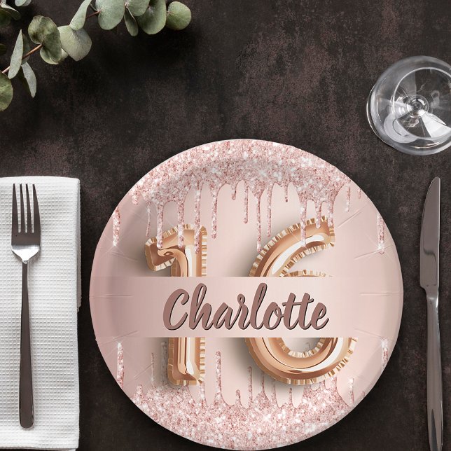 Sweet 16 rose gold glitter drips name paper plate (Creator Uploaded)