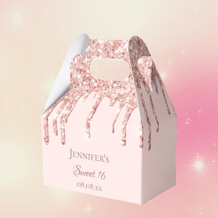 Sweet 16 rose gold glitter drips name party favour box