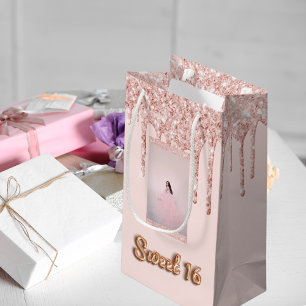 Sweet 16 rose gold glitter drips photo small gift bag