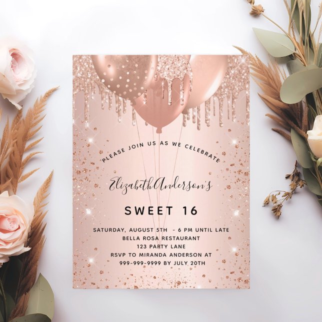Sweet 16 rose gold glitter drops balloons 16th invitation postcard (Creator Uploaded)