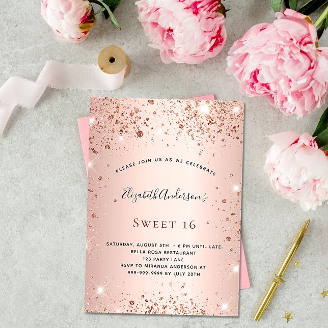 Sweet 16 rose gold glitter dust birthday party invitation (Creator Uploaded)