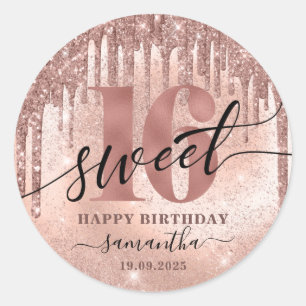 Sweet 16 Rose Gold Glitter & Foil Classic Round Sticker