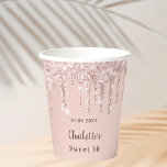 Sweet 16 rose gold glitter name 16th birthday paper cups<br><div class="desc">For a glamourous and girly Sweet 16,  16th birthday party.  A rose gold gradient background. On the front and the back: Personalise and add a name and a date.   Decorated with faux glitter drips,  paint dripping look.</div>