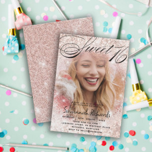 Sweet 16 Rose Gold Glitter Photo Party Invitation