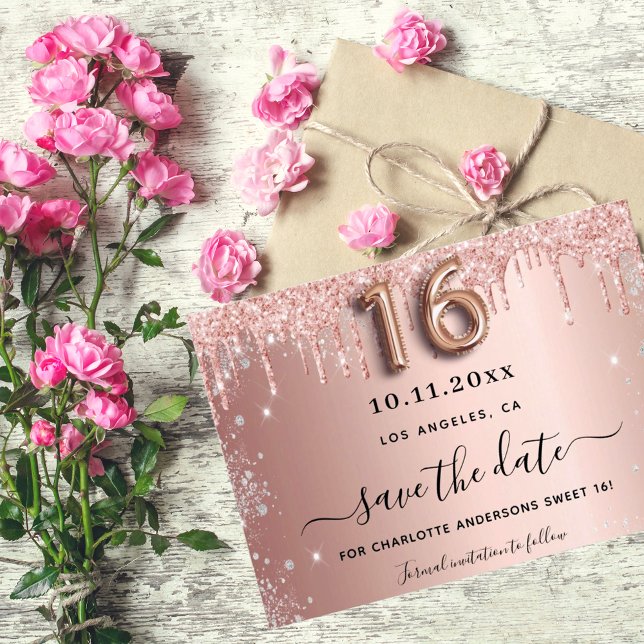 Sweet 16 rose gold glitter photo save the date (Creator Uploaded)