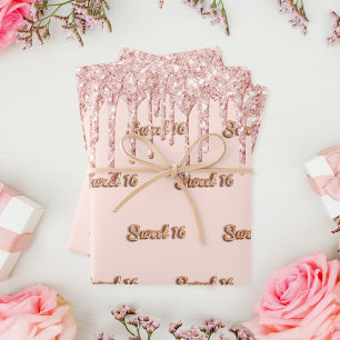 Sweet 16 rose gold glitter pink 16th birthday wrapping paper sheet