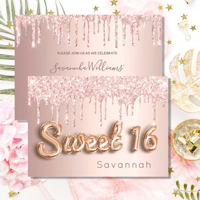 Sweet 16 rose gold glitter pink 16th invitation (Creator Uploaded)