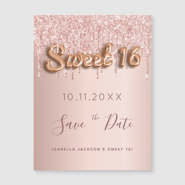 Sweet 16 rose gold glitter pink Save the Date    (Front)