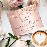 Sweet 16 rose gold glitter save the date<br><div class="desc">A girly and trendy Save the Date card for a Sweet 16, 16th birthday party. A feminine pink, rose gold faux metallic looking background decorated with faux rose gold glitter dust. Personalise and add a date and name/age. Dark rose gold coloured letters. The text: Save the Date is written with...</div>
