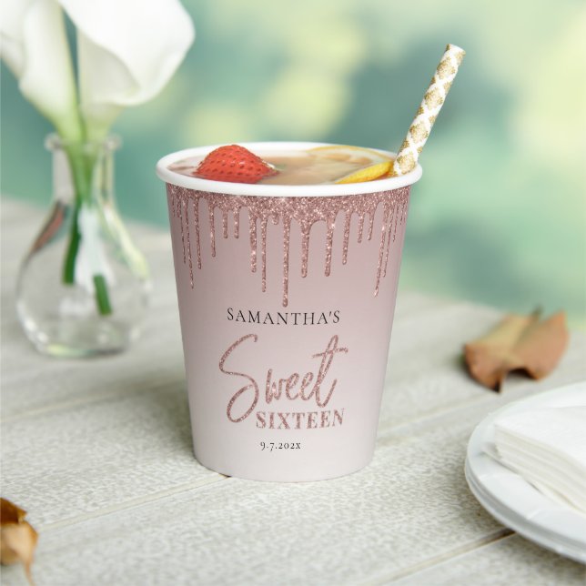 Sweet 16 Rose Gold Glitter Script Birthday Party Paper Cups (Insitu)