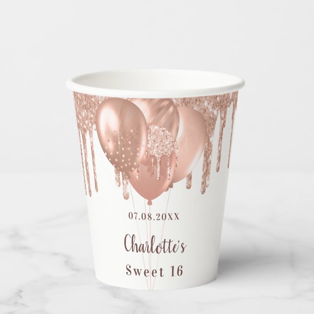 Sweet 16 rose gold glitter white 16th birthday paper cups (Front)