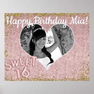 Sweet 16 Rose Gold Heart Photo Birthday Party Poster