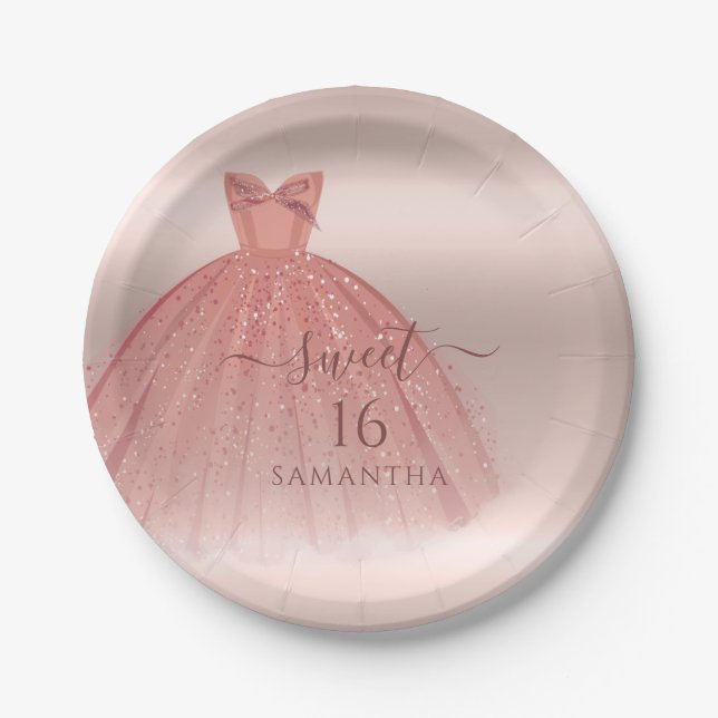 Sweet 16 Rose Gold Modern Script Glam Birthday Paper Plate (Front)