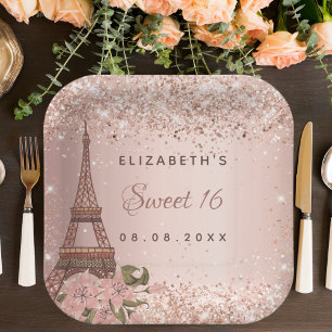 Sweet 16 rose gold Paris Eiffel Tower Paper Plate