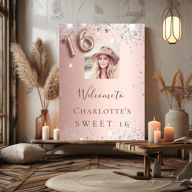 Sweet 16 rose gold photo silver welcome poster (Creator Uploaded)