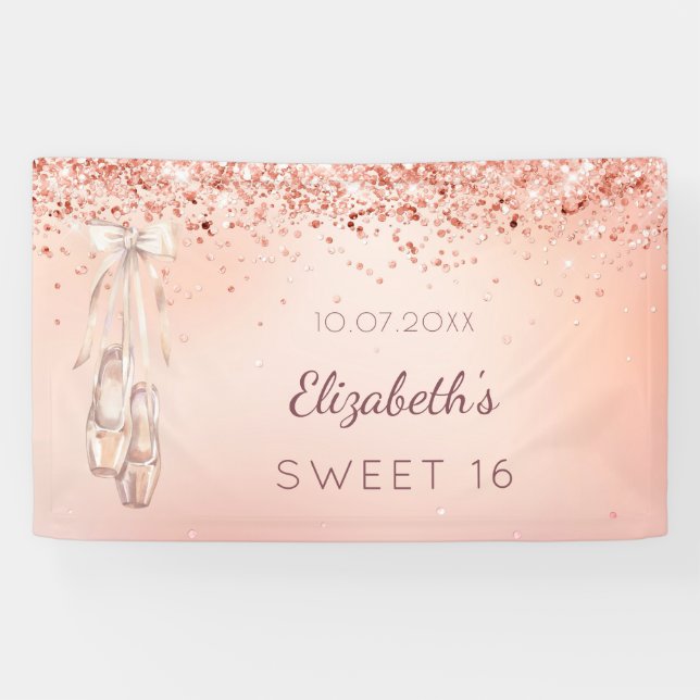 Sweet 16 rose gold pink ballerina shoes welcome banner (Horizontal)