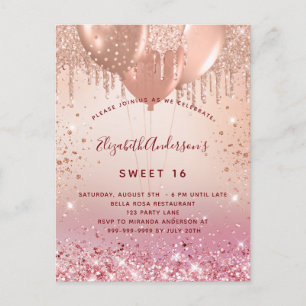 Sweet 16 rose gold pink balloons budget invitation postcard