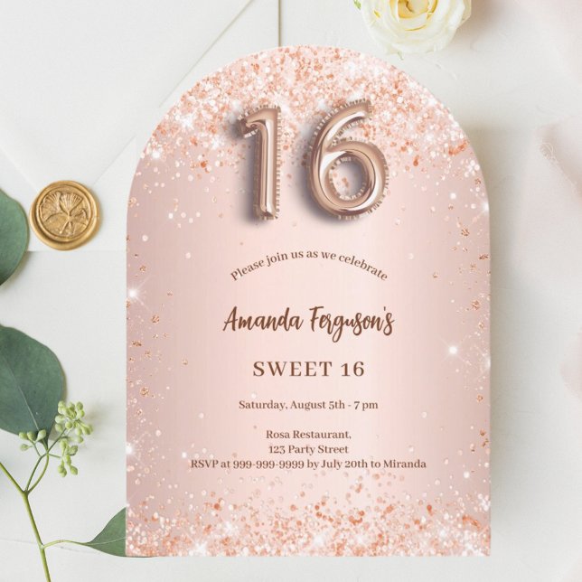 Sweet 16 rose gold pink confetti arch invitation (Creator Uploaded)