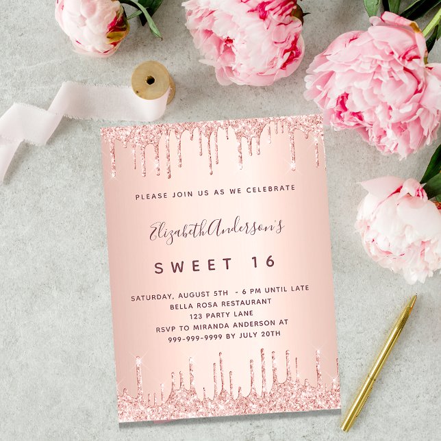 Sweet 16 rose gold pink drips 16th birthday invitation (Creator Uploaded)