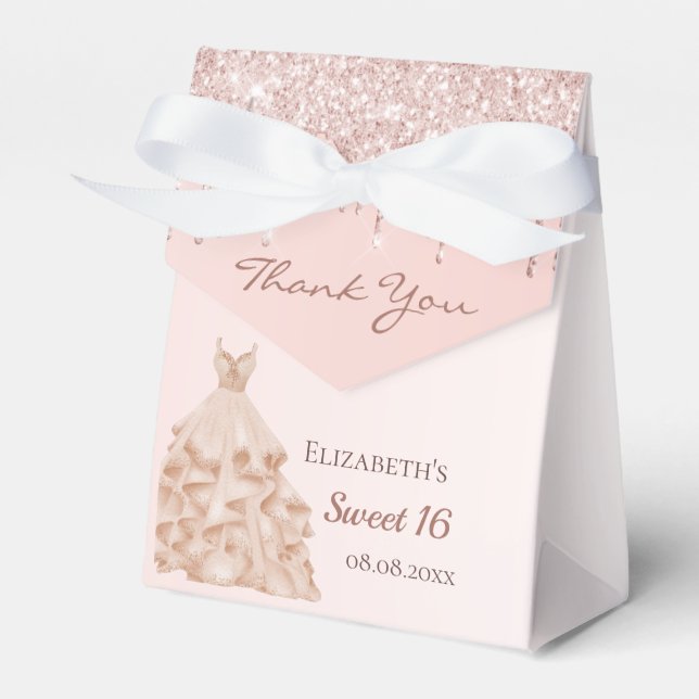 Sweet 16 rose gold pink drips dress thank you favour box (Front Side)